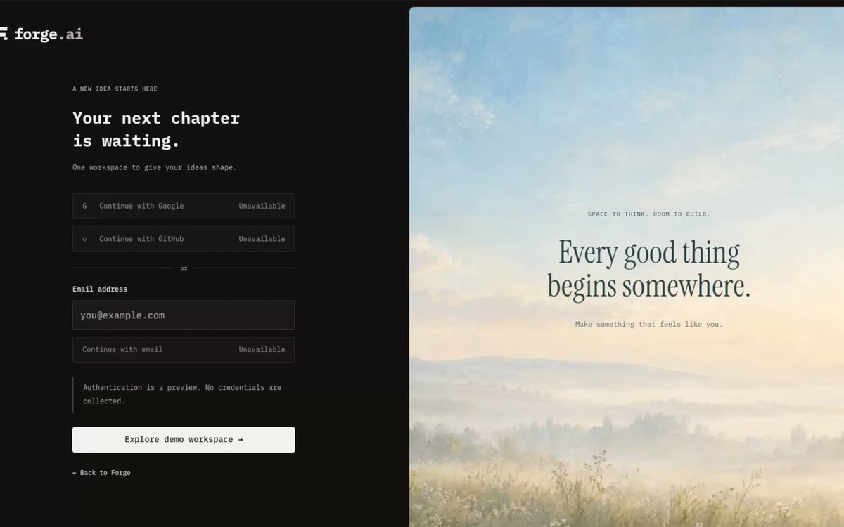 Forge AI sign-in screen beside a generated landing-page preview.